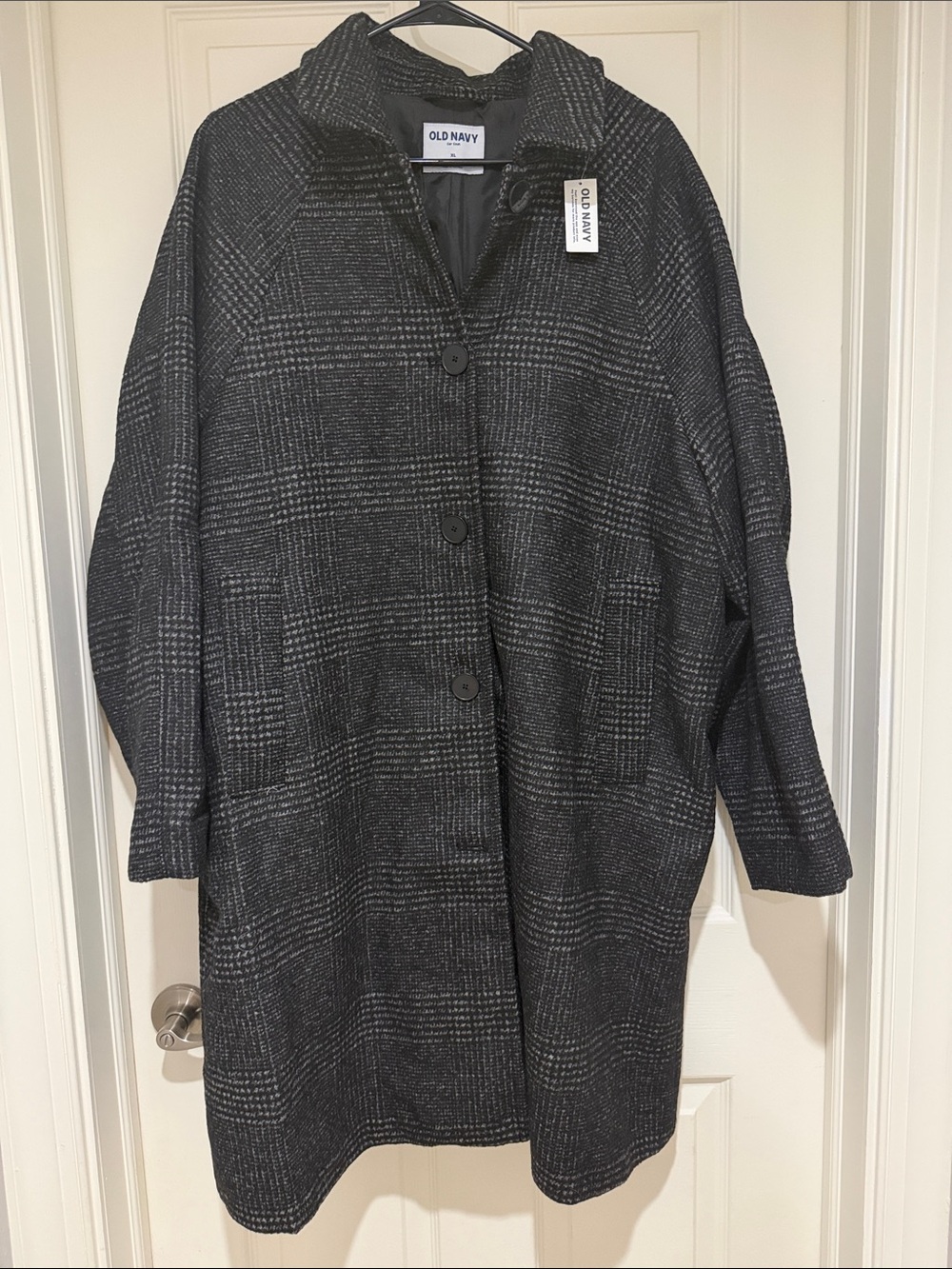 Old Navy Black and Gray Plaid Mid-Length Coat